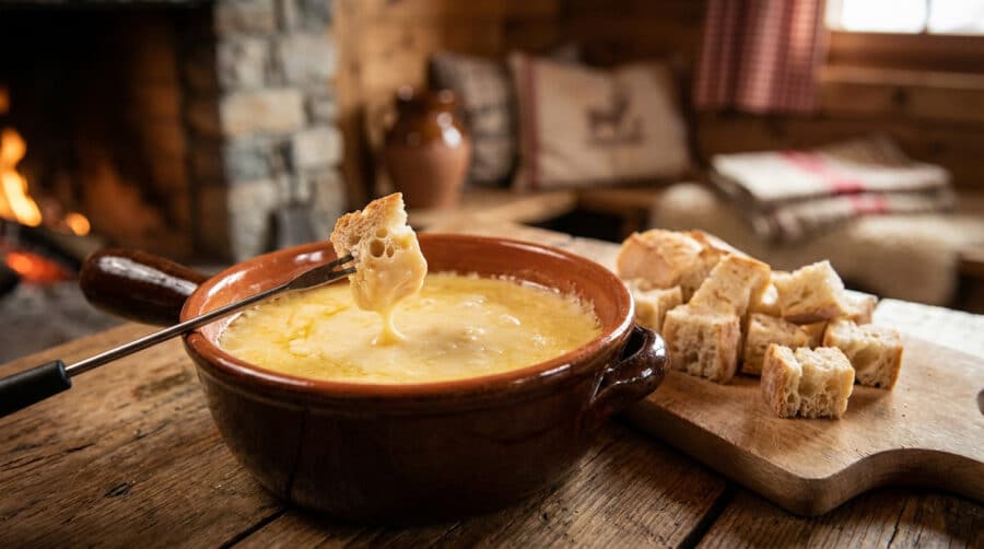 traditional fondue savoyarde with rustic bread