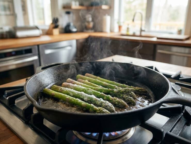 vibrant asparagus sizzling in cast iron pan