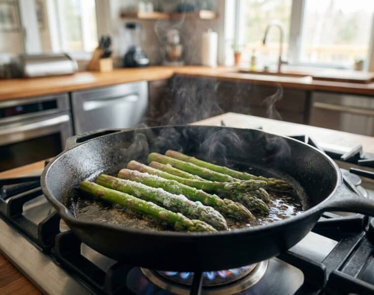 vibrant asparagus sizzling in cast iron pan