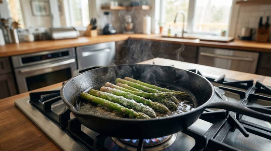 vibrant asparagus sizzling in cast iron pan
