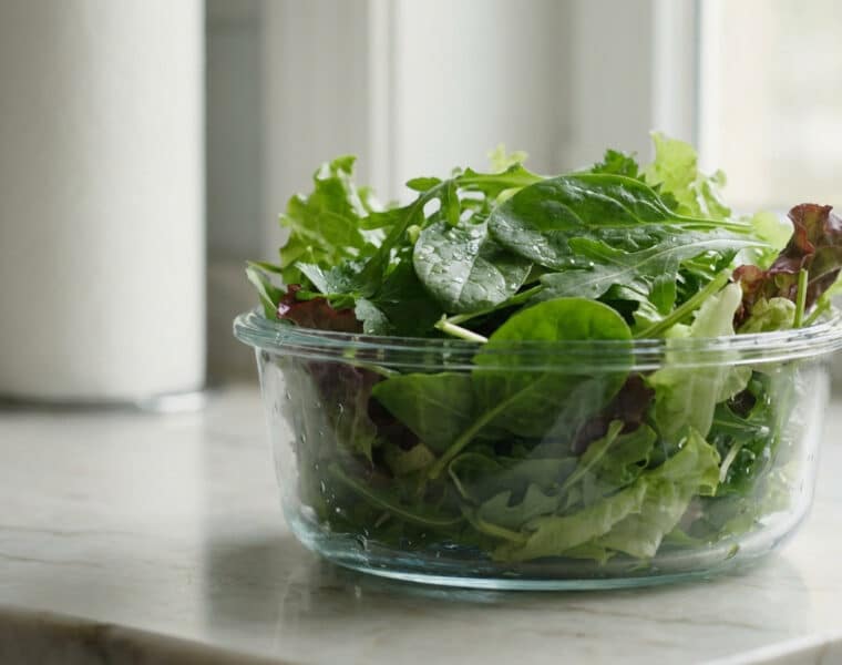 vibrant fresh salad greens in glass container