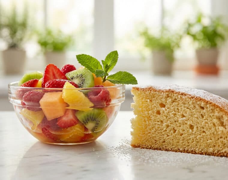 vibrant fruit salad and golden sponge cake