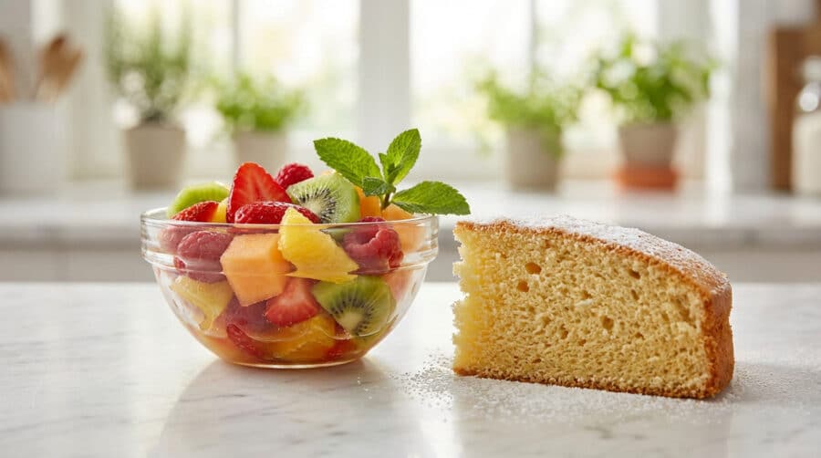vibrant fruit salad and golden sponge cake
