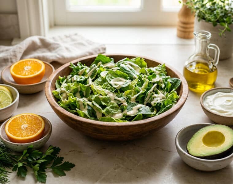 vibrant green salad with fresh dressing ingredients