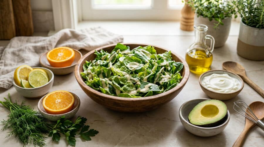 vibrant green salad with fresh dressing ingredients