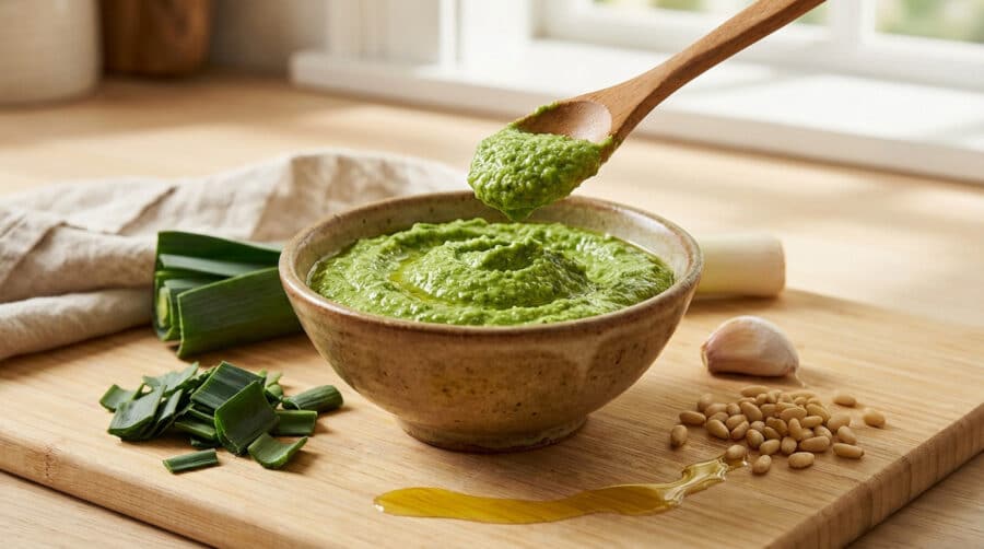 vibrant leek pesto with fresh ingredients