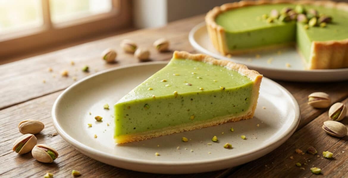 vibrant pistachio flan slice