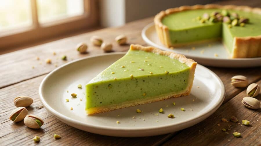 vibrant pistachio flan slice