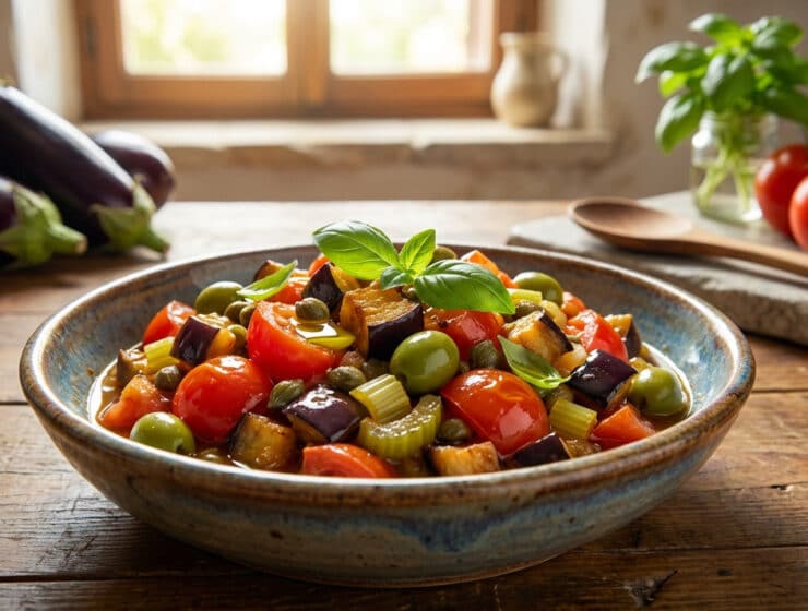 vibrant sicilian caponata in a rustic bowl