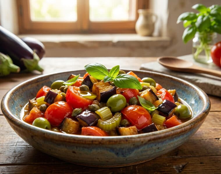 vibrant sicilian caponata in a rustic bowl