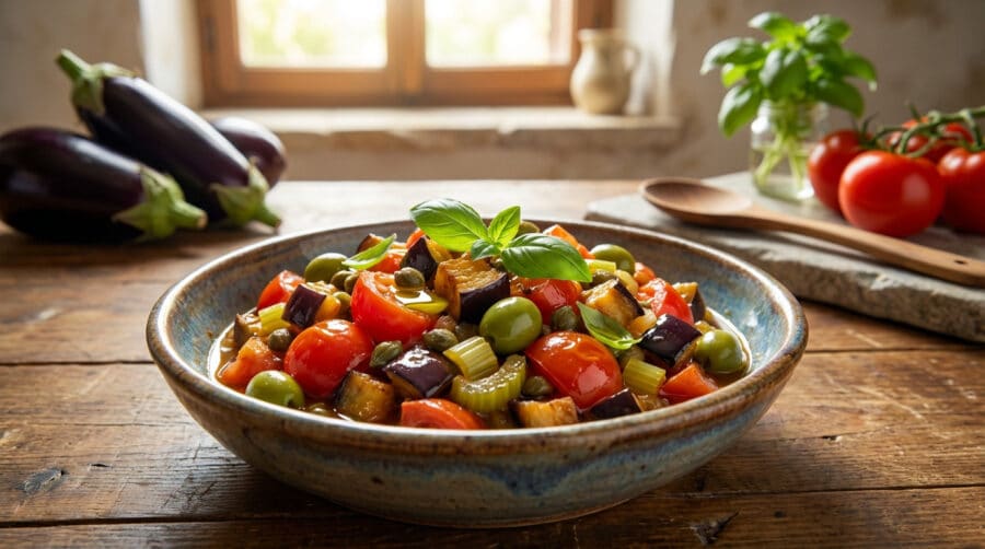 vibrant sicilian caponata in a rustic bowl