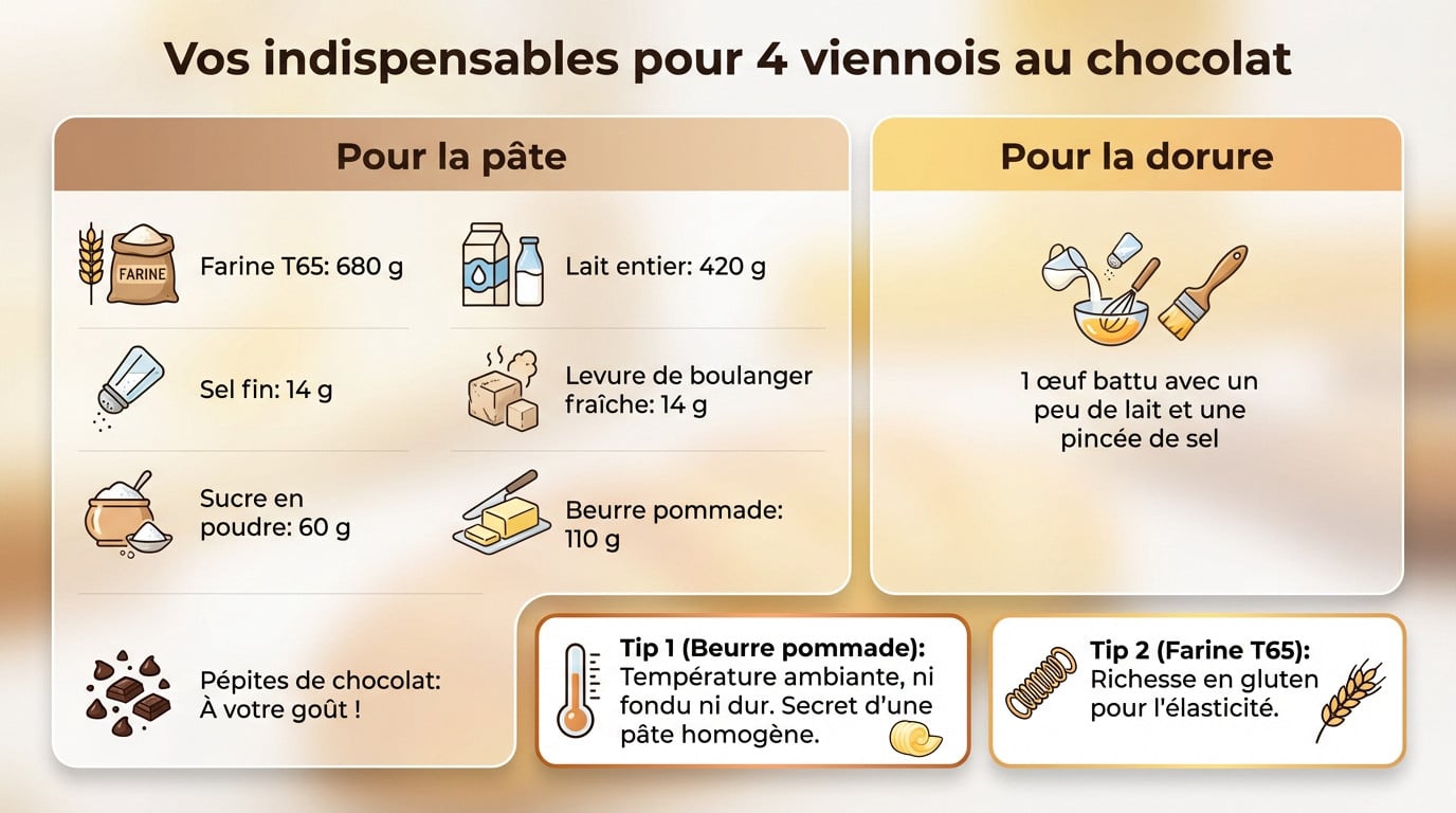 Ingrédients nécessaires pour préparer des viennois au chocolat maison : farine, lait, beurre et pépites