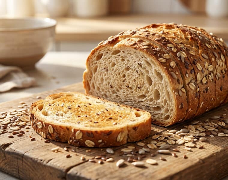 wholesome multi grain loaf and toasted slice on wood