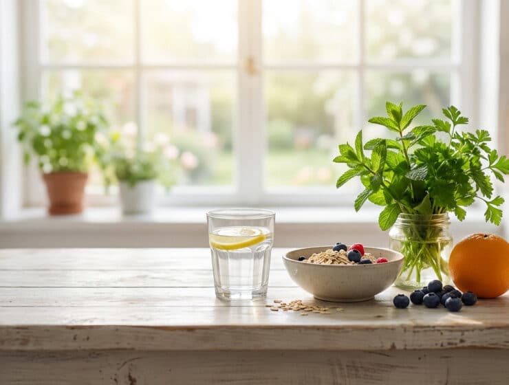Illustration of natural remedies for digestion after holidays, featuring fruits, water, and herbs