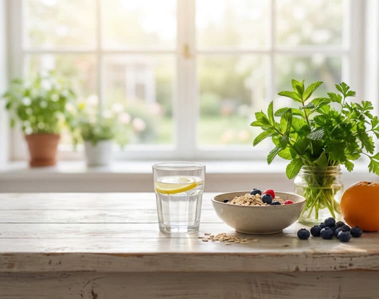 Illustration of natural remedies for digestion after holidays, featuring fruits, water, and herbs