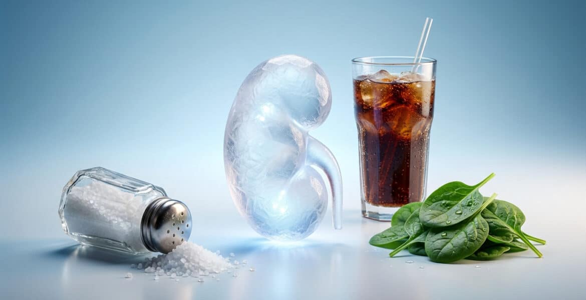 Aliments mauvais pour les reins, incluant charcuteries et boissons sucrées, illustrant les dangers du sel et du fructose