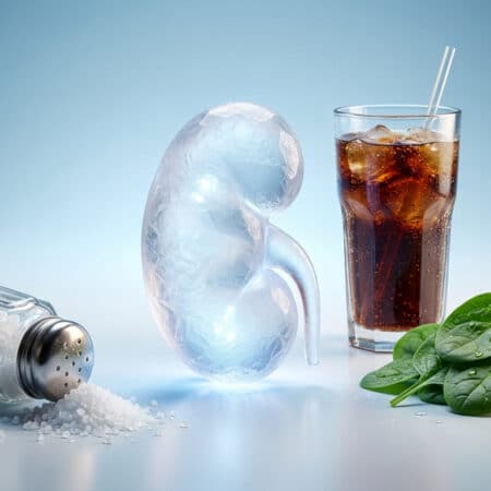 Aliments mauvais pour les reins, incluant charcuteries et boissons sucrées, illustrant les dangers du sel et du fructose