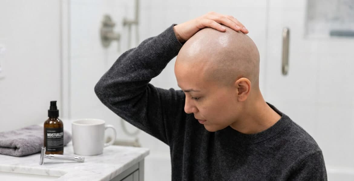 Une personne au crâne rasé se touche la tête dans une salle de bain avec des produits de rasage sur le comptoir.