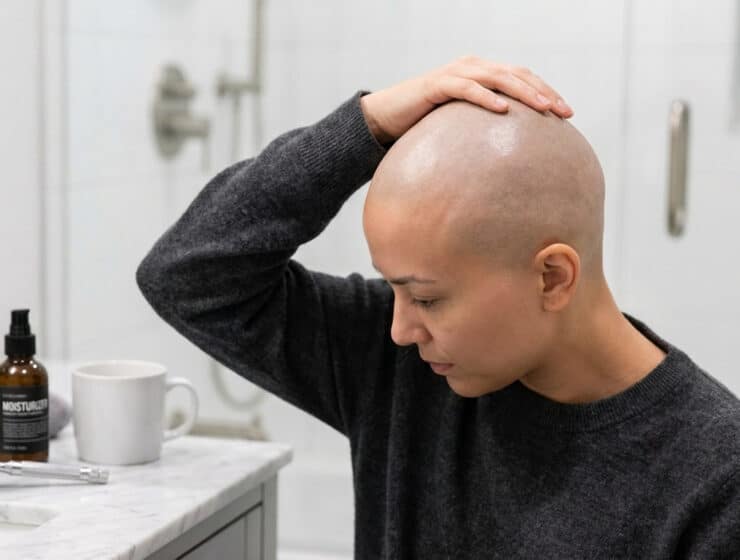 Une personne au crâne rasé se touche la tête dans une salle de bain avec des produits de rasage sur le comptoir.