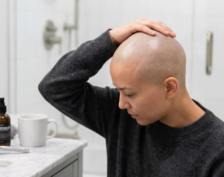 Une personne au crâne rasé se touche la tête dans une salle de bain avec des produits de rasage sur le comptoir.