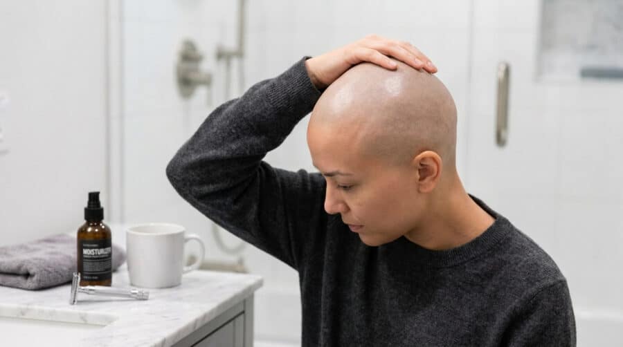 Une personne au crâne rasé se touche la tête dans une salle de bain avec des produits de rasage sur le comptoir.