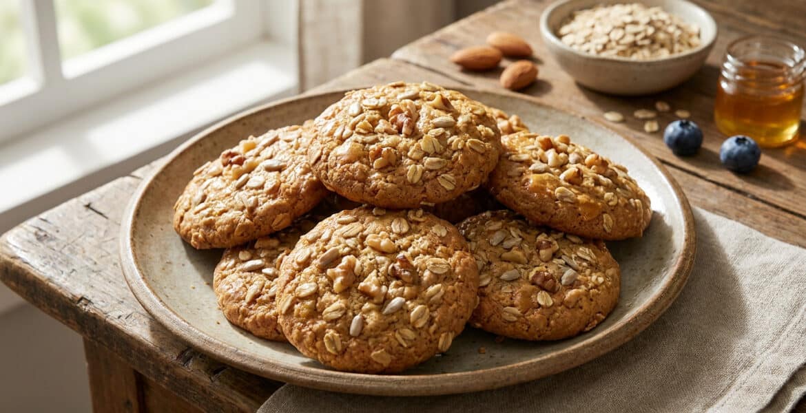 Assiette de cookies aux céréales et noix sur une table en bois avec des flocons d'avoine et du miel en arrière-plan.
