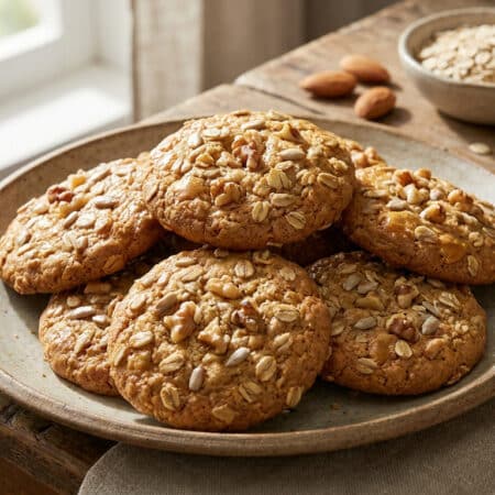 Assiette de cookies aux céréales et noix sur une table en bois avec des flocons d'avoine et du miel en arrière-plan.