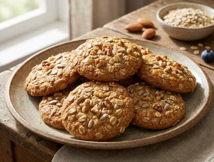 Assiette de cookies aux céréales et noix sur une table en bois avec des flocons d'avoine et du miel en arrière-plan.