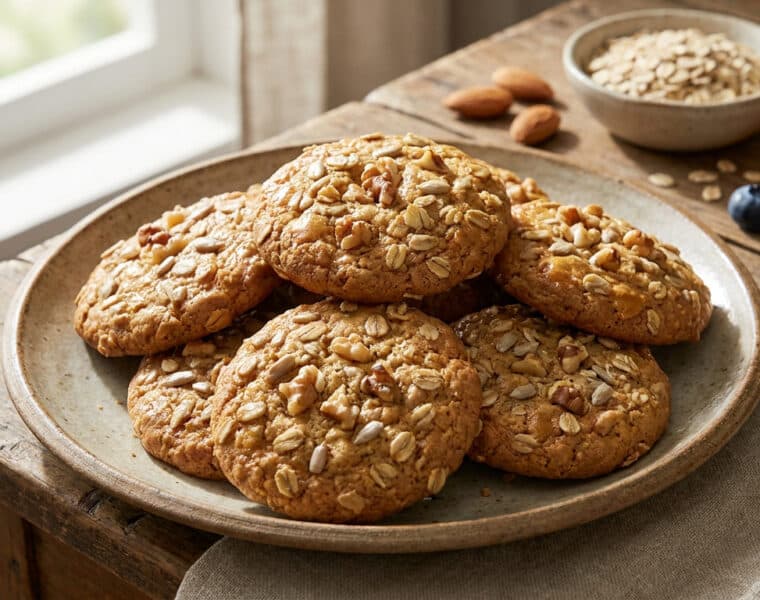 Assiette de cookies aux céréales et noix sur une table en bois avec des flocons d'avoine et du miel en arrière-plan.