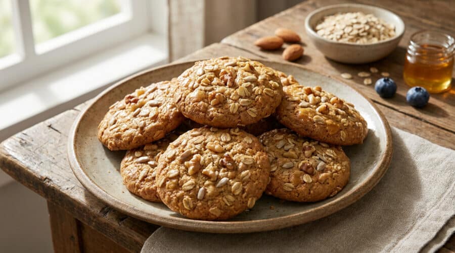 Assiette de cookies aux céréales et noix sur une table en bois avec des flocons d'avoine et du miel en arrière-plan.