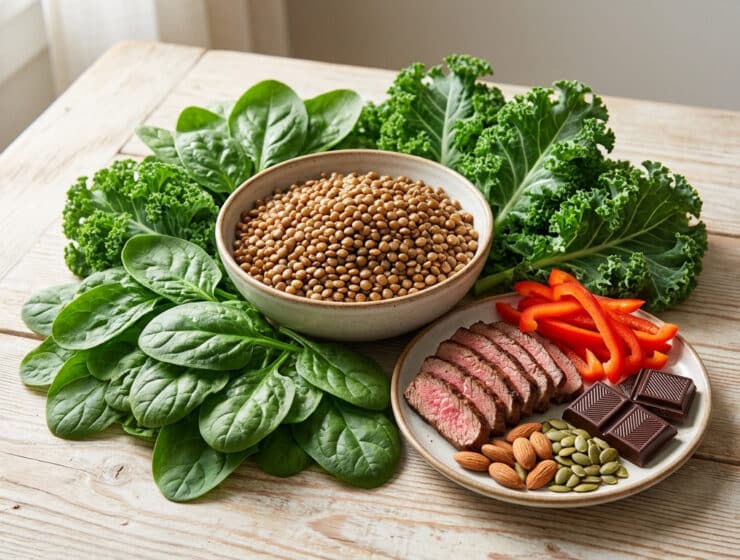 Bol de lentilles entouré d'épinards, chou frisé, tranches de bœuf, poivrons, amandes, graines de courge et chocolat noir.