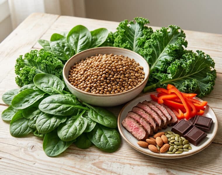 Bol de lentilles entouré d'épinards, chou frisé, tranches de bœuf, poivrons, amandes, graines de courge et chocolat noir.