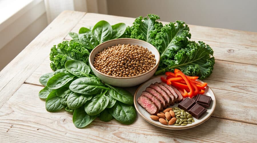 Bol de lentilles entouré d'épinards, chou frisé, tranches de bœuf, poivrons, amandes, graines de courge et chocolat noir.