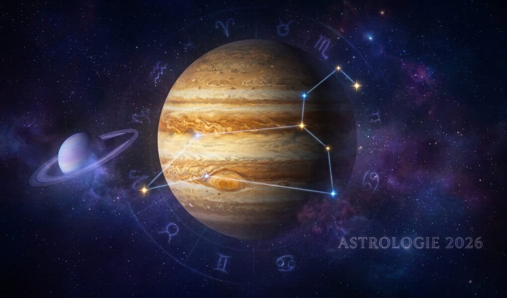 Illustration spatiale de Jupiter et Saturne entourés par une roue du zodiaque lumineuse et des constellations.