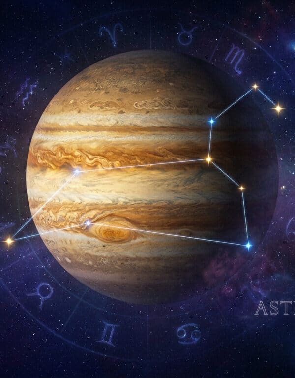 Illustration spatiale de Jupiter et Saturne entourés par une roue du zodiaque lumineuse et des constellations.