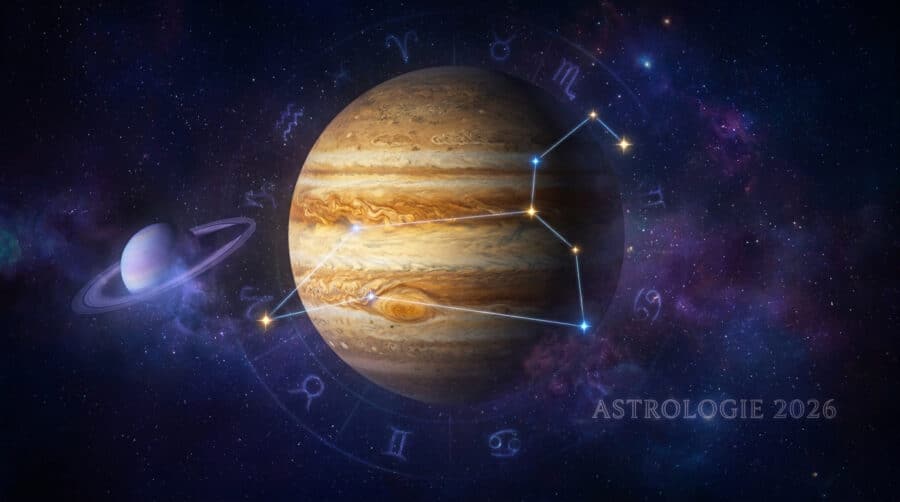 Illustration spatiale de Jupiter et Saturne entourés par une roue du zodiaque lumineuse et des constellations.