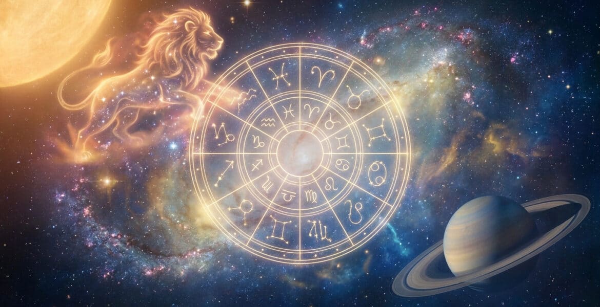 Roue du zodiaque lumineuse flottant dans l'espace avec une silhouette de lion, une planète à anneaux et une nébuleuse.