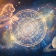 Roue du zodiaque lumineuse flottant dans l'espace avec une silhouette de lion, une planète à anneaux et une nébuleuse.