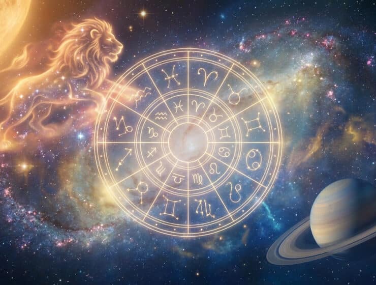 Roue du zodiaque lumineuse flottant dans l'espace avec une silhouette de lion, une planète à anneaux et une nébuleuse.