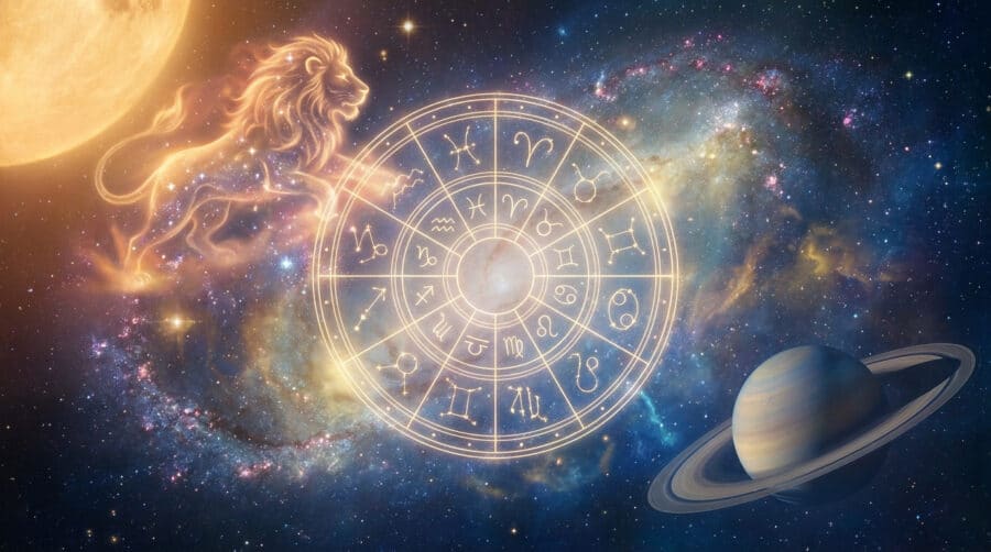 Roue du zodiaque lumineuse flottant dans l'espace avec une silhouette de lion, une planète à anneaux et une nébuleuse.