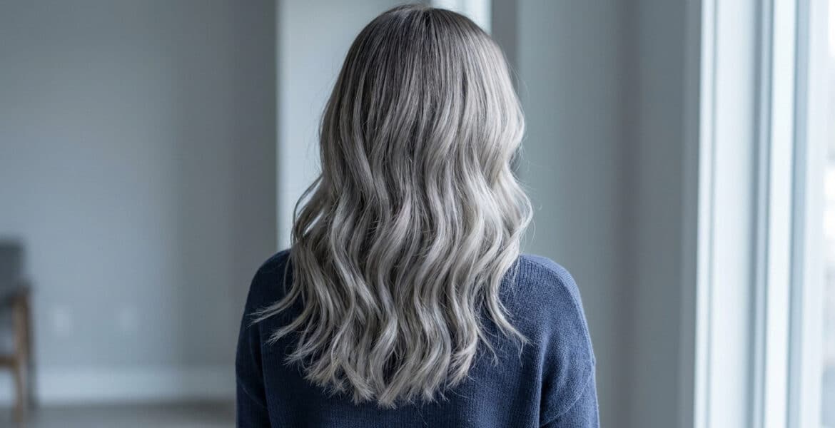 Vue arrière d'une femme aux longs cheveux ondulés avec un balayage gris cendré sur fond neutre.