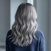 Vue arrière d'une femme aux longs cheveux ondulés avec un balayage gris cendré sur fond neutre.