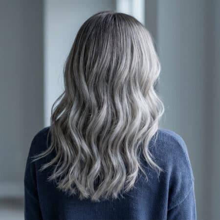 Vue arrière d'une femme aux longs cheveux ondulés avec un balayage gris cendré sur fond neutre.