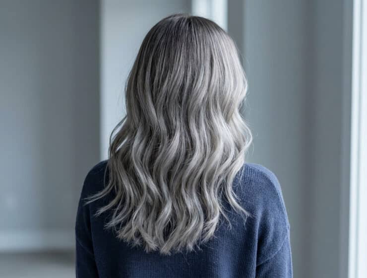 Vue arrière d'une femme aux longs cheveux ondulés avec un balayage gris cendré sur fond neutre.