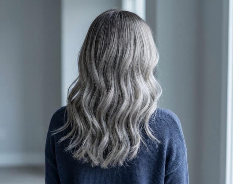Vue arrière d'une femme aux longs cheveux ondulés avec un balayage gris cendré sur fond neutre.