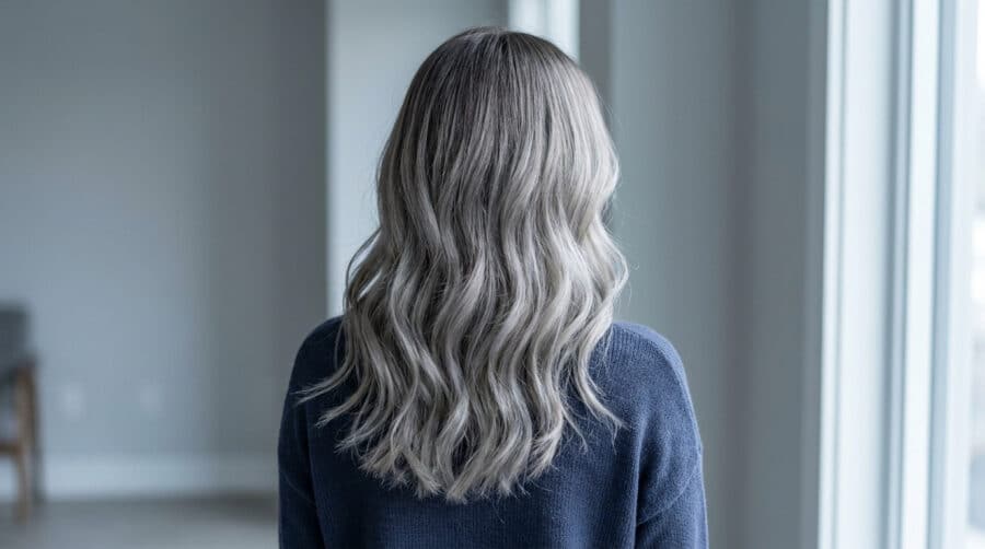 Vue arrière d'une femme aux longs cheveux ondulés avec un balayage gris cendré sur fond neutre.