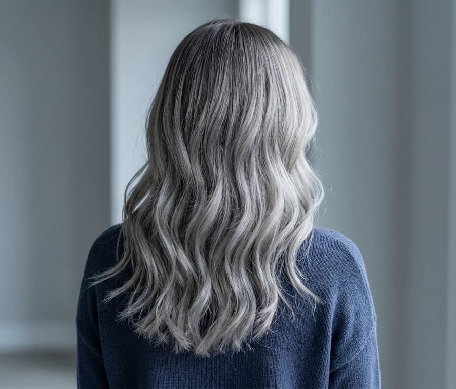 Vue arrière d'une femme aux longs cheveux ondulés avec un balayage gris cendré sur fond neutre.