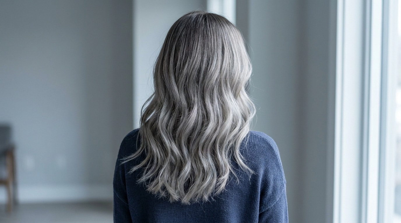 Vue arrière d'une femme aux longs cheveux ondulés avec un balayage gris cendré sur fond neutre.