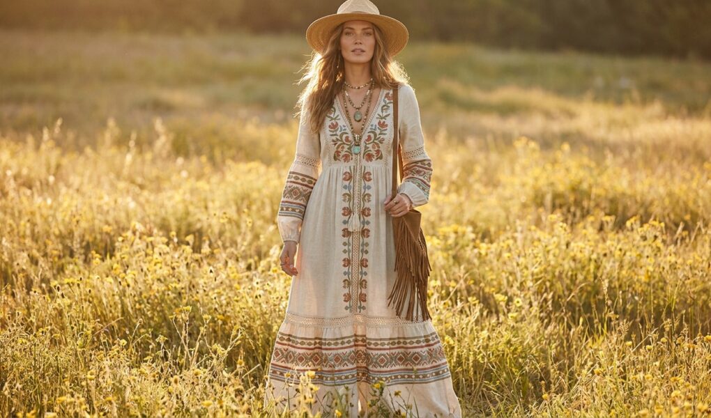 Une femme blonde portant une robe longue bohème, un chapeau de paille et un sac à franges dans un champ de fleurs.