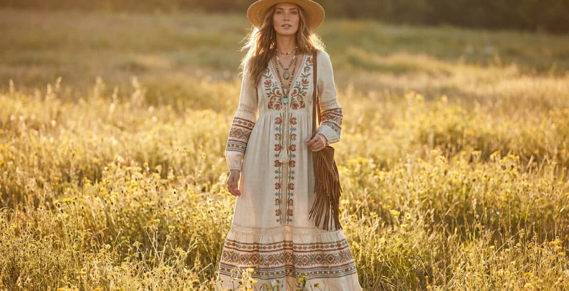 Une femme blonde portant une robe longue bohème, un chapeau de paille et un sac à franges dans un champ de fleurs.